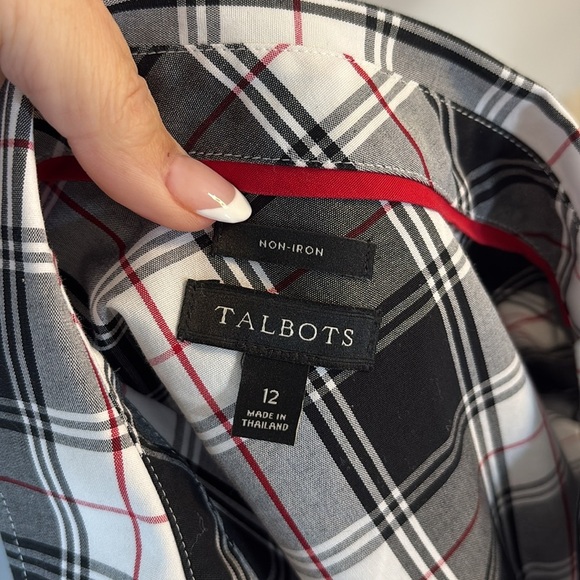 Talbots non iron cotton perfect shirt parade plaid collared blk wht red buttoned - Picture 6 of 12